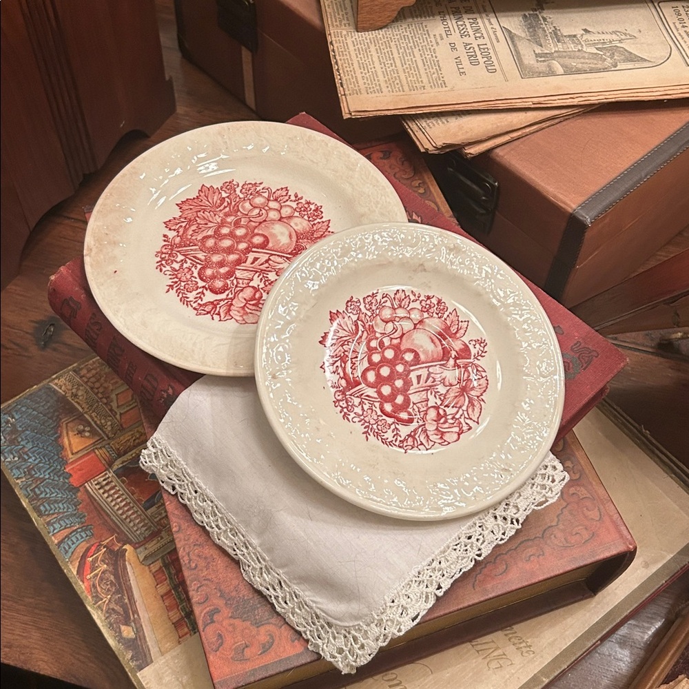 Vintage Stained and Crazed Red Transferware Homer Laughlin Plate Set
